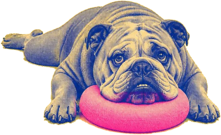Bonifacio, un bulldog inglés, acostado con la cabeza sobre un cojín rosado